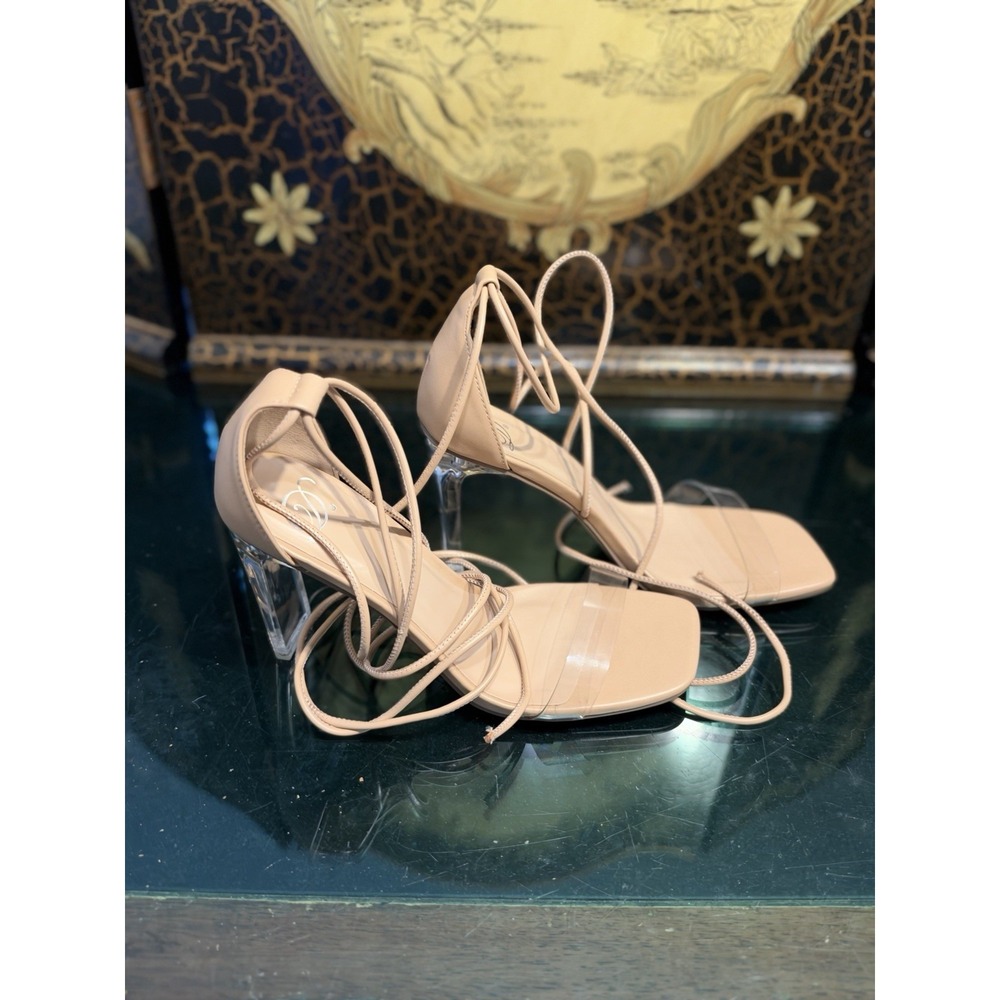 Delicious Shiner-S Nude Clear Strap Lucite Block Heel Sandals Women's Size 9